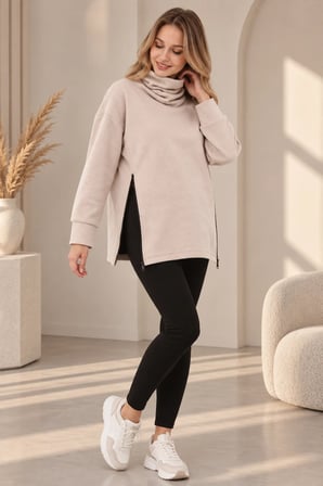 Palena  PLNL4283 Balıkçı Yaka Yan Fermuarlı  Sweatshirt - Bej 