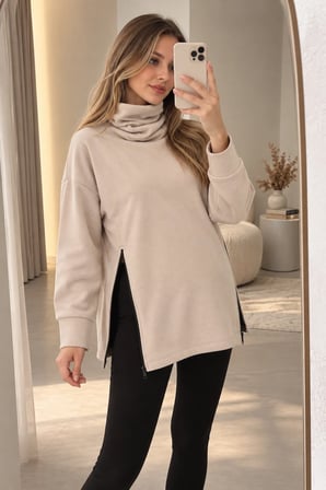 Palena  PLNL4283 Balıkçı Yaka Yan Fermuarlı  Sweatshirt - Bej 