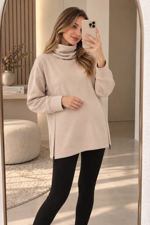 Palena  PLNL4283 Balıkçı Yaka Yan Fermuarlı  Sweatshirt - Bej 