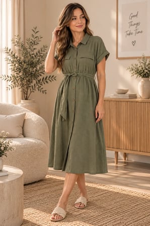 Palena  Plnl5860 – Doğal Müslin Gömlek  Elbise - Yeşil