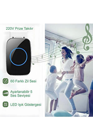 Kablosuz Kapı Zili 2 Buton + 1 Zil Ledli Uzaktan Kumandalı Işıklı Kapı Zili Yüksek Sesli 300mt Uzun Mesafeli