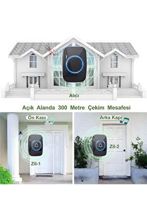 Kablosuz Kapı Zili 2 Buton + 1 Zil Ledli Uzaktan Kumandalı Işıklı Kapı Zili Yüksek Sesli 300mt Uzun Mesafeli