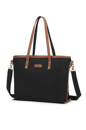 Smart Bags Siyah Kadın Omuz Çantası Büyük Boy Kanvas Kumaş Hakiki Deri Detaylı