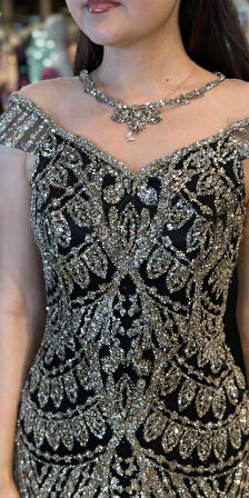 Siyah Düz Kesim Simli Uzun Abiye Elbise 7771