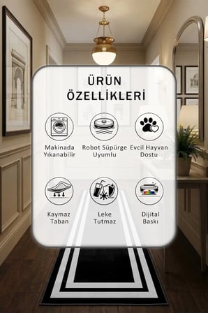 Çerçeve Siyah Çizgi Gri Yıkanabilir Yolluk Halı Kaymaz Taban Salon Mutfak Gri