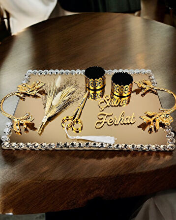 Amour Gold Lüks Swarovski Söz Nişan Tepsisi 