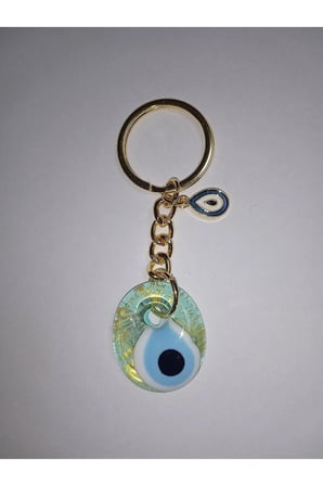 EL YAPIMI ZİNCİRLİ CAM ANAHTARLIK NAZAR BONCUKLU 10 CM