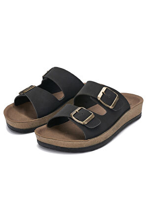 Günlük Kadın - Erkek Çift Tokalı Bantlı Desenli Mantar Taban Terlik 245 - 77734 - 34132 