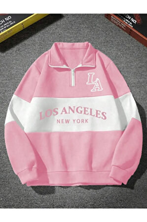 Erkek Pembe Beyaz Çizgili Fermuarlı Sweat