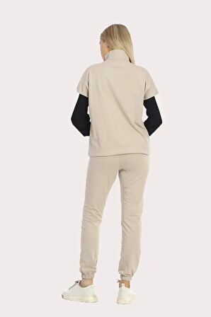 Kadın Iki Iplik Dik Fermuarlı Yaka Lastikli Paça Uzun Kollu Taş Eşofman Takımı - 7774