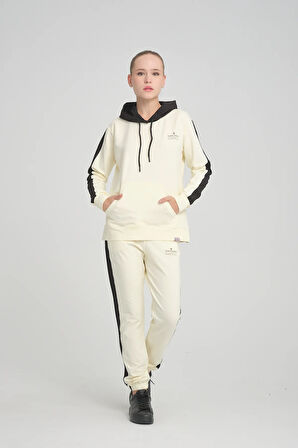 Kadın Iki Iplik Yan Siyah Seritli Kapüşonlu Kanguru Cepli Paça Lastikli Ekru Eşofman Takımı - 7775