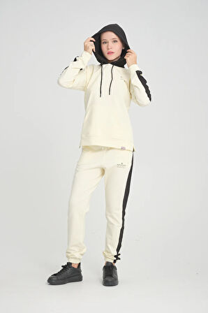 Kadın Iki Iplik Yan Siyah Seritli Kapüşonlu Kanguru Cepli Paça Lastikli Ekru Eşofman Takımı - 7775