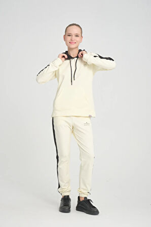 Kadın Iki Iplik Yan Siyah Seritli Kapüşonlu Kanguru Cepli Paça Lastikli Ekru Eşofman Takımı - 7775