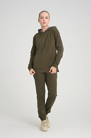 Kadın Iki Iplik Kapüşonlu Kanguru Cepli Paça Lastikli Haki Eşofman Takımı - 7775