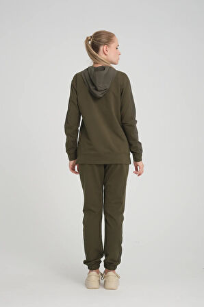 Kadın Iki Iplik Kapüşonlu Kanguru Cepli Paça Lastikli Haki Eşofman Takımı - 7775