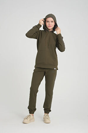 Kadın Iki Iplik Kapüşonlu Kanguru Cepli Paça Lastikli Haki Eşofman Takımı - 7775