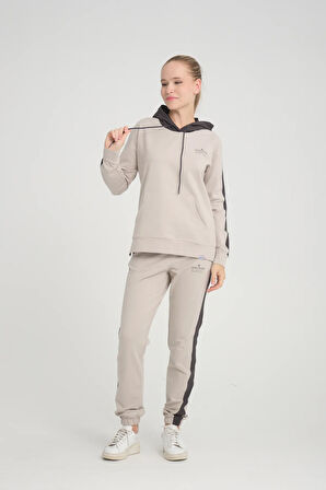 Kadın Iki Iplik Yanları Gri Seritli Kapüşonlu Kanguru Cepli Paça Lastikli Taş Eşofman Takımı - 7775