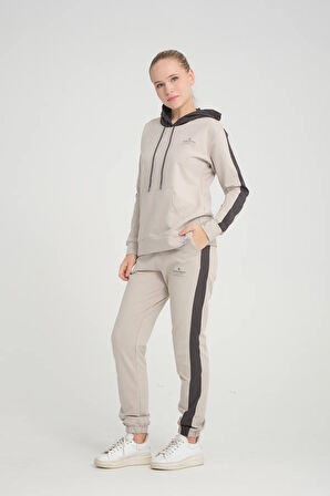 Kadın Iki Iplik Yanları Gri Seritli Kapüşonlu Kanguru Cepli Paça Lastikli Taş Eşofman Takımı - 7775