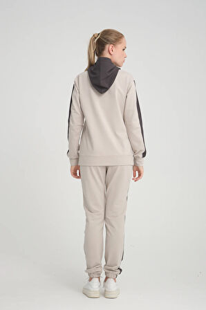 Kadın Iki Iplik Yanları Gri Seritli Kapüşonlu Kanguru Cepli Paça Lastikli Taş Eşofman Takımı - 7775