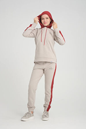 Kadın Iki Iplik Yan Kırmızı Seritli Kapüşonlu Kanguru Cepli Paça Lastikli Taş Eşofman Takımı -7775
