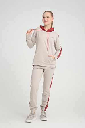 Kadın Iki Iplik Yan Kırmızı Seritli Kapüşonlu Kanguru Cepli Paça Lastikli Taş Eşofman Takımı -7775