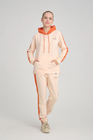 Kadın Iki Iplik Seritli Kapüşonlu Kanguru Cepli Paça Lastikli Yavru Ağzı Eşofman Takımı - 7775