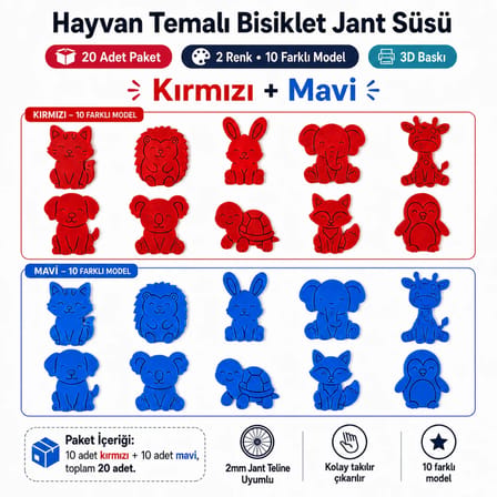 Hayvan Temalı Bisiklet Jant Süsü 20 Parça – 2 Renk 10 Farklı Model (Kırmızı-Mavi)