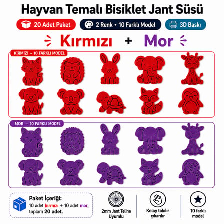 Hayvan Temalı Bisiklet Jant Süsü 20 Parça – 2 Renk 10 Farklı Model (Kırmızı-Mor)