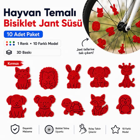 Hayvan Temalı Bisiklet Jant Süsü 20 Parça – 2 Renk 10 Farklı Model (Kırmızı-Mor)