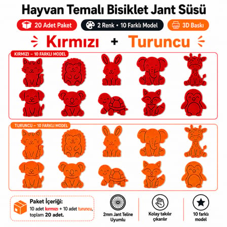 Hayvan Temalı Bisiklet Jant Süsü 20 Parça – 2 Renk 10 Farklı Model (Kırmızı-Turuncu)