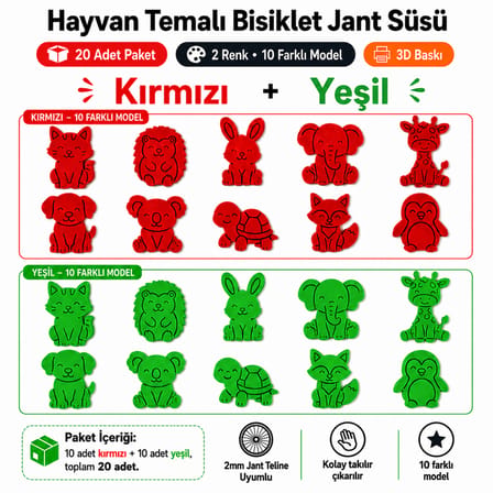 Hayvan Temalı Bisiklet Jant Süsü 20 Parça – 2 Renk 10 Farklı Model (Kırmızı-Yeşil)