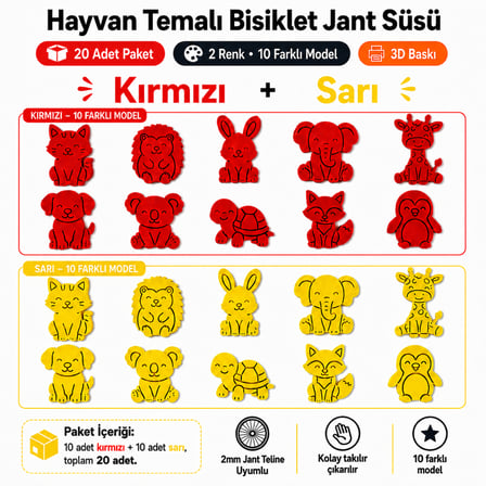 Hayvan Temalı Bisiklet Jant Süsü 20 Parça – 2 Renk 10 Farklı Model (Kırmızı-Sarı)