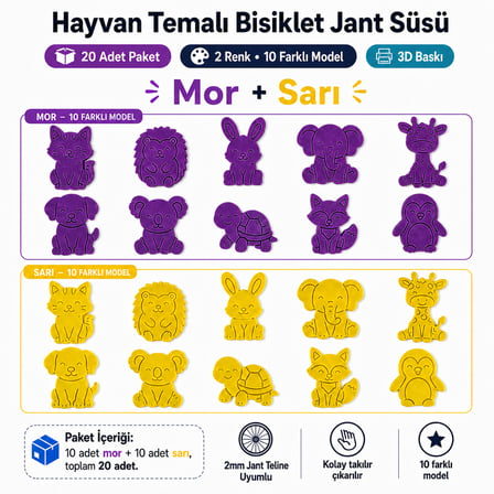 Hayvan Temalı Bisiklet Jant Süsü 20 Parça – 2 Renk 10 Farklı Model (Mor-Sarı)