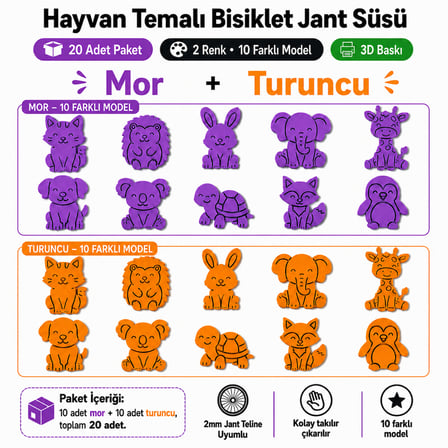Hayvan Temalı Bisiklet Jant Süsü 20 Parça – 2 Renk 10 Farklı Model (Mor-Turuncu)