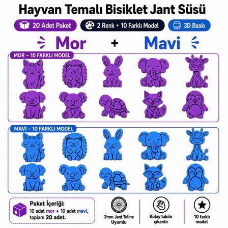Hayvan Temalı Bisiklet Jant Süsü 20 Parça – 2 Renk 10 Farklı Model (Mor-Mavi)
