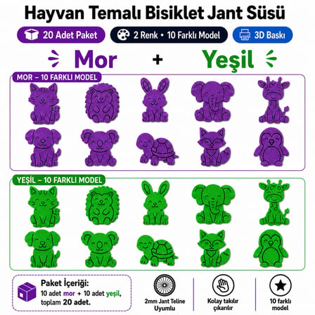 Hayvan Temalı Bisiklet Jant Süsü 20 Parça – 2 Renk 10 Farklı Model (Mor-Yeşil)