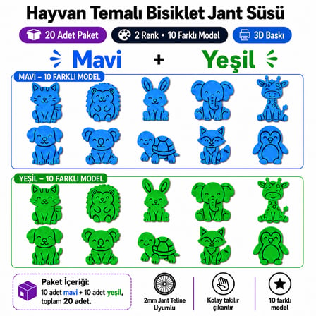 SYK Design Hayvan Temalı Bisiklet Jant Süsü 20 Parça 10 Farklı Model Mavi Yeşil