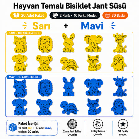 SYK Design Hayvan Temalı Bisiklet Jant Süsü 20 Parça 10 Farklı Model Mavi Sarı