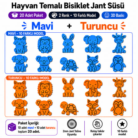 Hayvan Temalı Bisiklet Jant Süsü 20 Parça – 2 Renk 10 Farklı Model (Mavi-Turuncu)