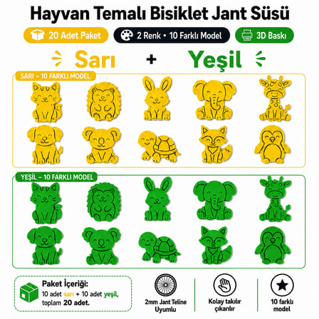 Hayvan Temalı Bisiklet Jant Süsü 20 Parça – 2 Renk 10 Farklı Model (Yeşil-Sarı)
