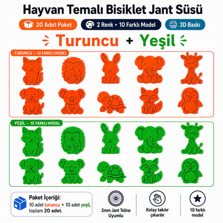 Hayvan Temalı Bisiklet Jant Süsü 20 Parça – 2 Renk 10 Farklı Model (Yeşil-Turuncu)