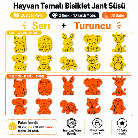 Hayvan Temalı Bisiklet Jant Süsü 20 Parça – 2 Renk 10 Farklı Model (Turuncu-Sarı)