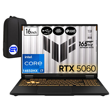 Asus Tuf Gamıng F16 FX608JMR-RV067EP8 Intel I7-14650HX 16GB Ram 2tb SSD RTX5060 16" Fhd+ 165Hz WIN11 Pro + Elektropasaj Çanta
