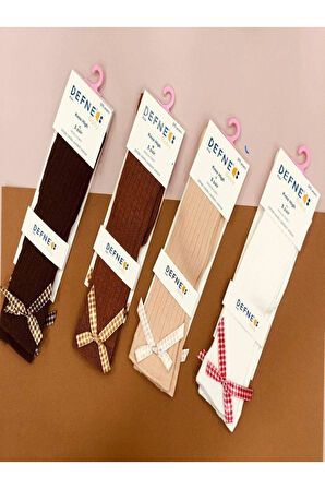 1 Adet Kız Çocuk  Kareli Fiyonklu Deteylı Açık Kahve Kahve Dizaltı Çorabı