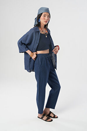 KADIN İNDİGO RENK TEK CEPLİ TRUVAKAR KOLLU %100 KETEN GÖMLEK