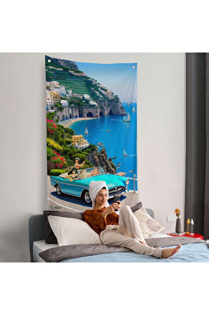 Sahildeki Mavi Klasik Araba Duvar Örtüsü-7776