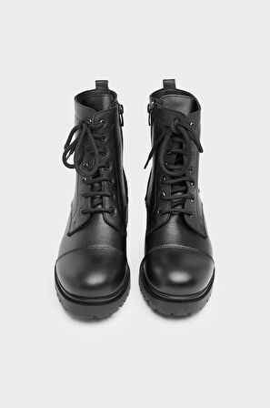 Hakiki Deri Bağcıklı Fermuarlı Kadın Bot