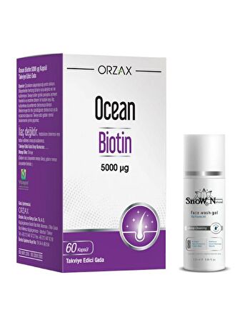 Orzax Biotin 5000 ug 60 Kapsül Biotin İçeren Gıda Takviyesi + Yüz Temizleme Jeli 100ml Hediyeli