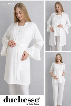 Duchesse 3005 Ekru 3 Lü Hamile Lohusa Pijama Sabahlık Tk
