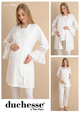 Duchesse 3005 Ekru 3 Lü Hamile Lohusa Pijama Sabahlık Tk